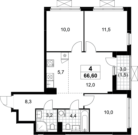 Планировка: Квартира евро-4 65,1 м² в ЖК «Бунинские кварталы»