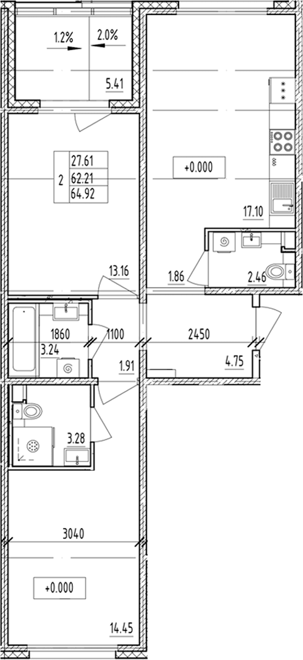 Планировка: 2-комнатная квартира 62,2 м² в ЖК «ЛесАрт»