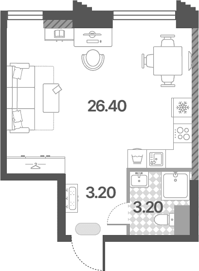 Планировка: Студия 32,8 м² в ЖК «Обручева 30»