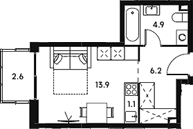 Планировка: Студия 26,1 м² в ЖК «Аквилон Сигнал»