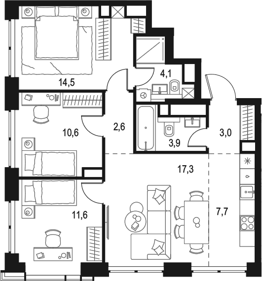 Планировка: Квартира евро-4 75,3 м² в ЖК «Левел Звенигородская»