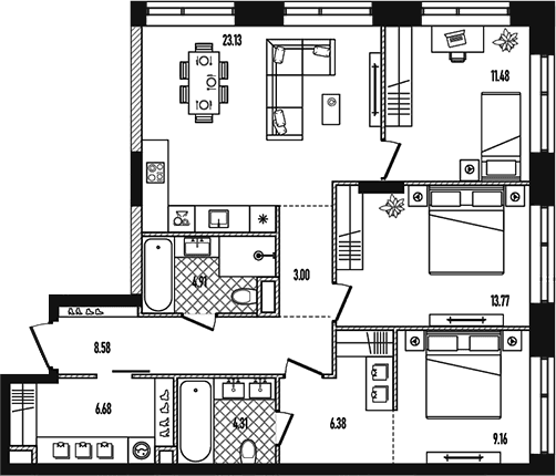 Планировка: Квартира евро-4 91,4 м² в ЖК «Репаблик»