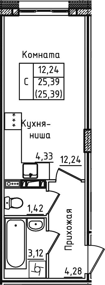 Планировка: Студия 25,4 м² в ЖК «Зеленый город»