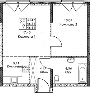 Планировка: Евродвушка 46,6 м² в ЖК «ЭВОПАРК Сокольники»