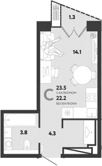 Планировка: Студия 22,2 м² в ЖК «Страна.Заречная»