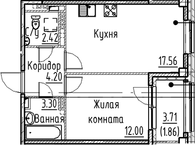 Планировка: Евродвушка 39,5 м² в ЖК «Кронфорт»