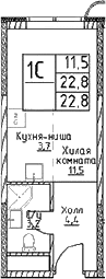Планировка: Студия 22,8 м² в ЖК «Наметкин Тауэр»