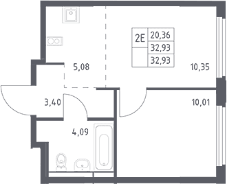 Планировка: Евродвушка 32,9 м² в ЖК «Космический Квартал»