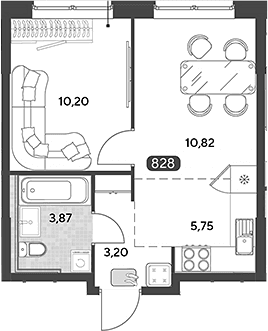 Планировка: Евродвушка 33,8 м² в ЖК «Космопарк»