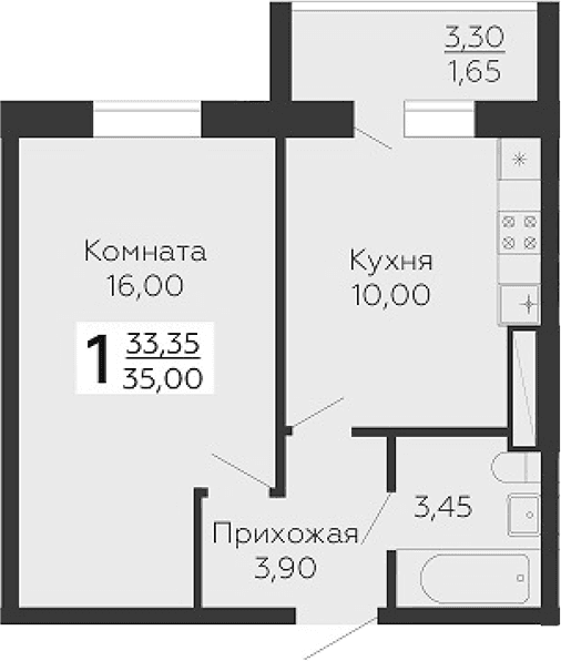 Планировка: 1-комнатная квартира 33,4 м² в ЖК «Ленский»