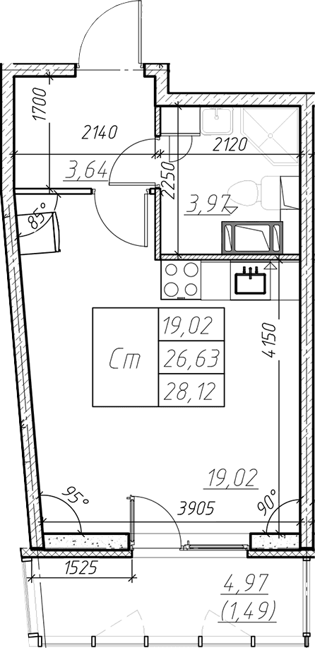 Планировка: Студия 26,6 м² в ЖК «Левитан»