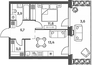 Планировка: Евродвушка 37,6 м² в ЖК «Портленд»