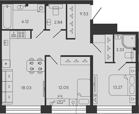Планировка: Евротрёшка 65,2 м² в ЖК «BASHNI ELEMENT»