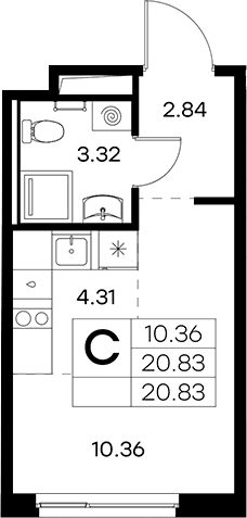 Планировка: Студия 20,8 м² в ЖК «Новоселье»