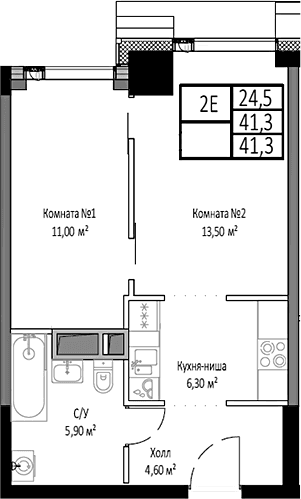 Планировка: Евродвушка 41,3 м² в ЖК «Мираполис»