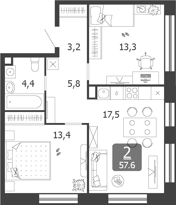 Планировка: Евротрёшка 57,6 м² в ЖК «Шагал»