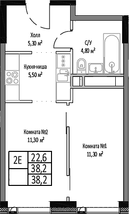 Планировка: Евродвушка 38,2 м² в ЖК «Мираполис»