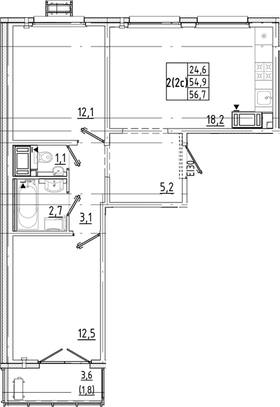 Планировка: Евротрёшка 54,9 м² в ЖК «Цветной город»