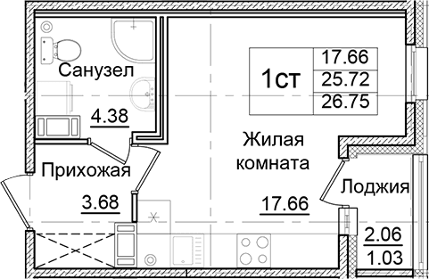 Планировка: Студия 25,7 м² в ЖК «Квартал Заречье»