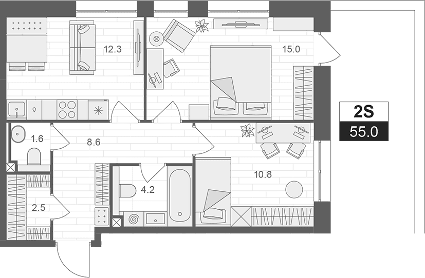 Планировка: 2-комнатная квартира 55 м² в ЖК «АРТЕЛЬ»