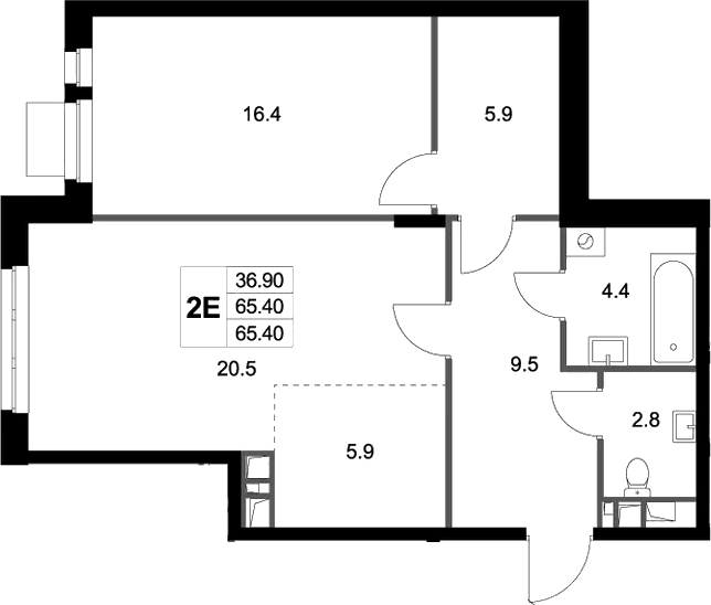 Планировка: Евродвушка 65,4 м² в ЖК «Легенда Марусино»