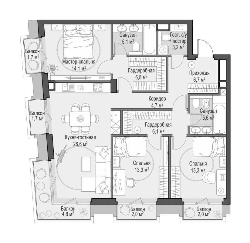 Планировка: Квартира евро-4 107,7 м² в ЖК «Квартал Тишинский бульвар»