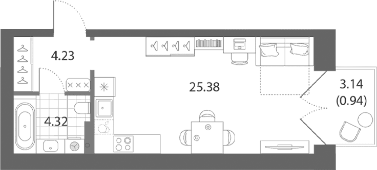 Планировка: Студия 33,9 м² в ЖК «Нева Арт»
