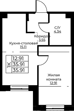 Планировка: Евродвушка 35,9 м² в ЖК «Тишин»