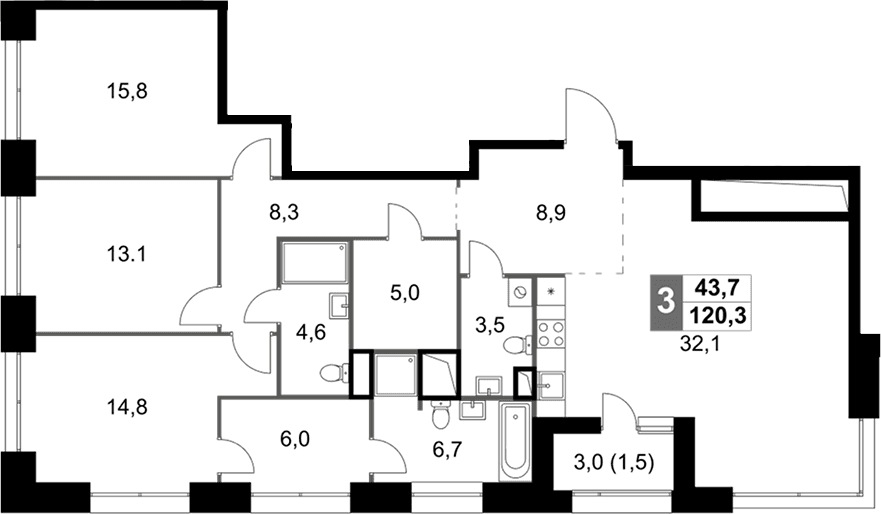 Планировка: Квартира евро-4 118,8 м² в ЖК «Скай Гарден»