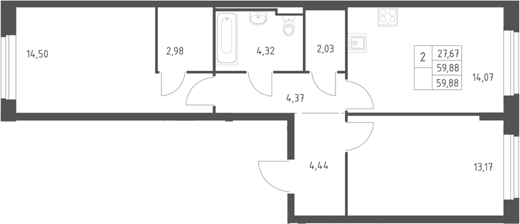 Планировка: 2-комнатная квартира 59,9 м² в ЖК «Горки Парк»