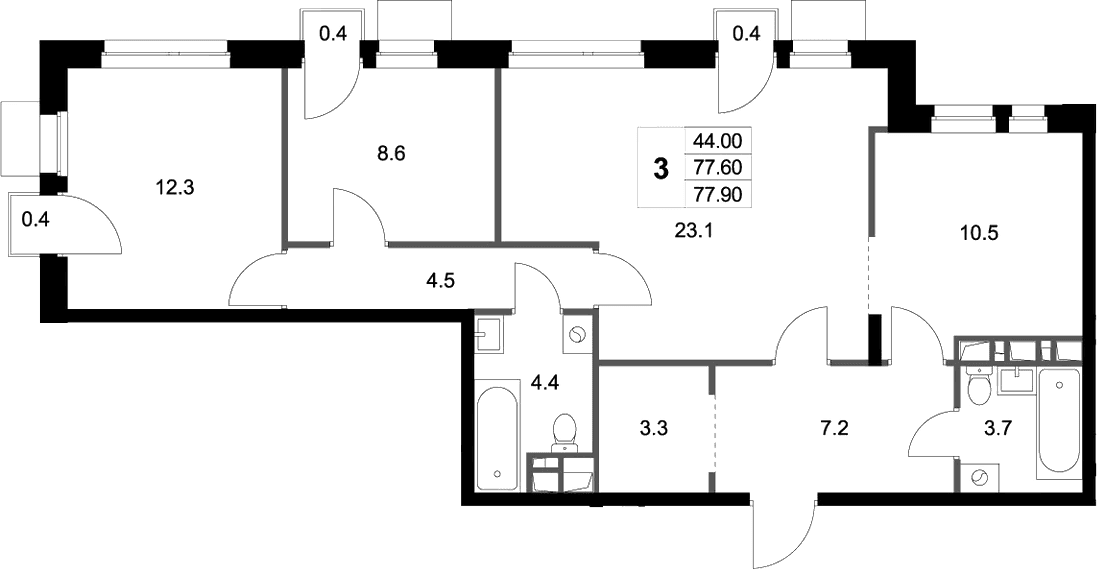 Планировка: 3-комнатная квартира 77,6 м² в ЖК «Легенда Марусино»
