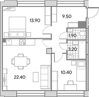 Планировка: Евротрёшка 61,3 м² в ЖК «Вейв»