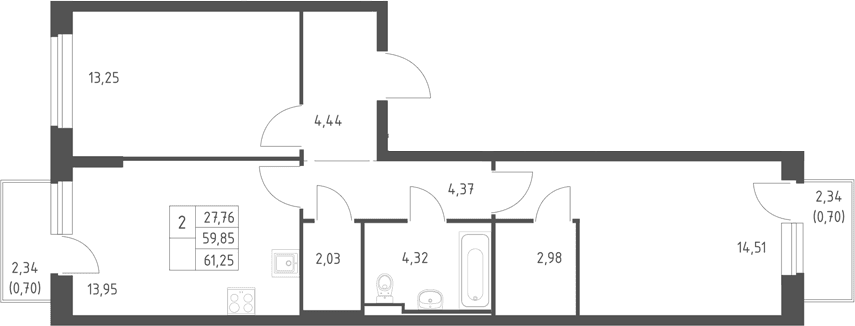 Планировка: 2-комнатная квартира 59,9 м² в ЖК «Горки Парк»