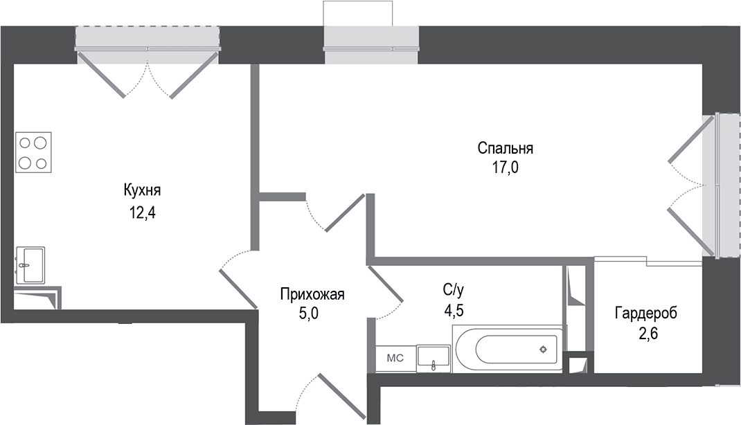Планировка: 1-комнатная квартира 41,5 м² в ЖК «Киноквартал»