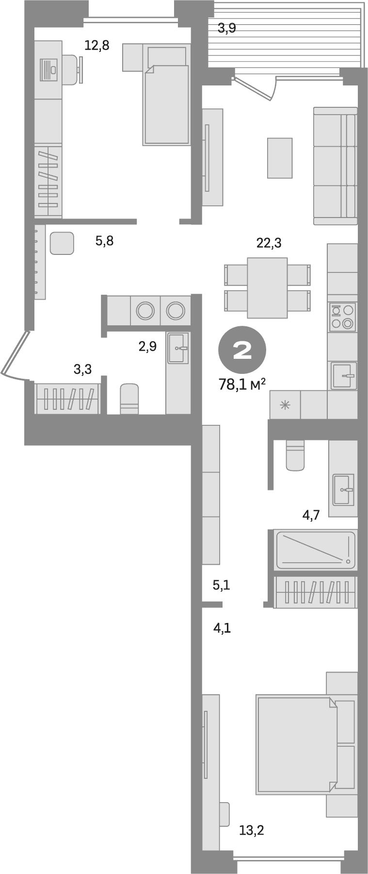 Планировка: 2-комнатная квартира 74,2 м² в ЖК «Дом А»