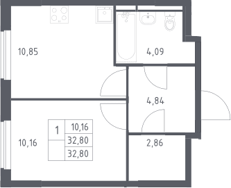 Планировка: 1-комнатная квартира 32,8 м² в ЖК «Мытищи Парк»
