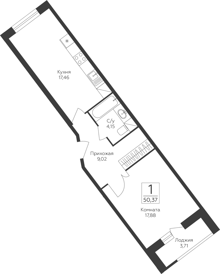 Планировка: 1-комнатная квартира 48,5 м² в ЖК «Пахра Сити»