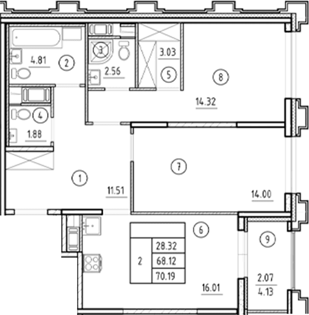 Планировка: Евротрёшка 68,1 м² в ЖК «Ассамблея»