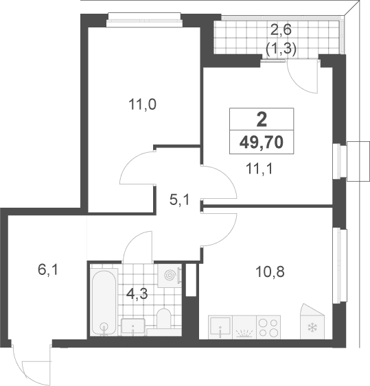 Планировка: 2-комнатная квартира 48,4 м² в ЖК «Скандинавия»
