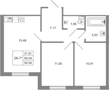 Планировка: Евротрёшка 50 м² в ЖК «Стороны света 2»