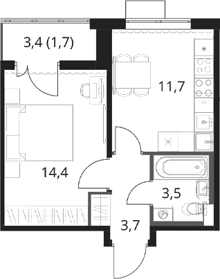 Планировка: 1-комнатная квартира 33,3 м² в ЖК «1-й Шереметьевский»