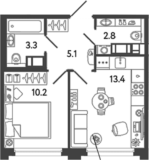 Планировка: 1-комнатная квартира 34,8 м² в ЖК «Гений»