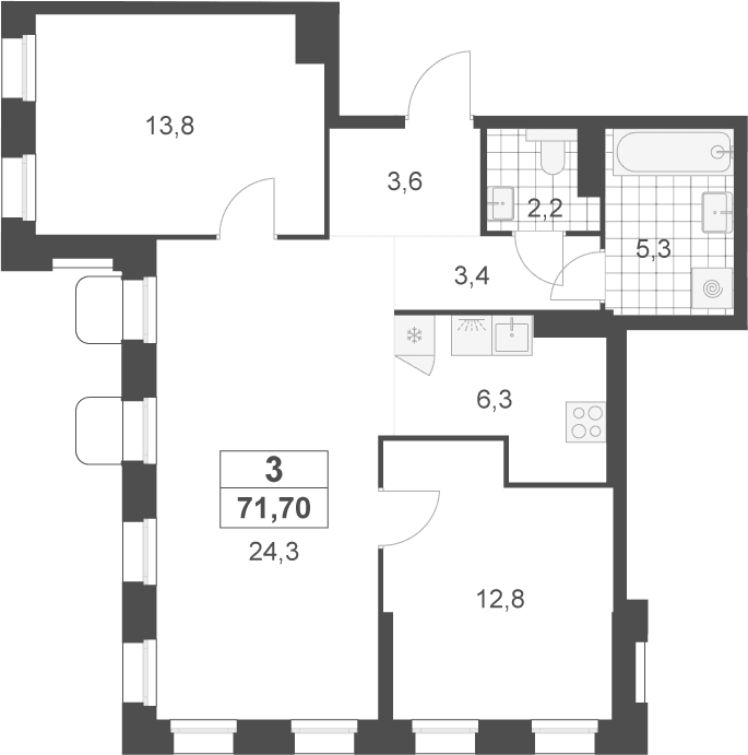 Планировка: Евротрёшка 71,7 м² в ЖК «Деснаречье»