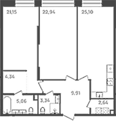 Планировка: Евротрёшка 94,5 м² в ЖК «6 Квартал»