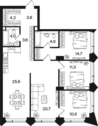 Планировка: Квартира евро-5 103,7 м² в ЖК «РАКУРС»