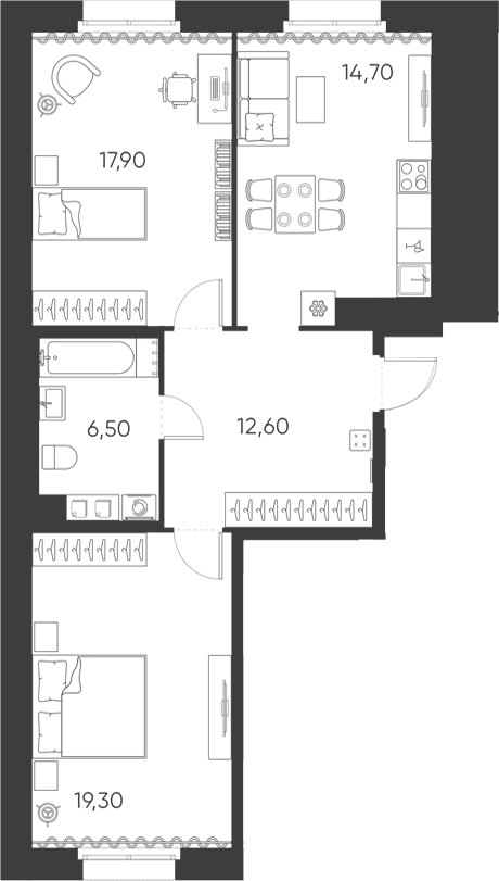 Планировка: Евротрёшка 71 м² в ЖК «Моисеенко, 10»