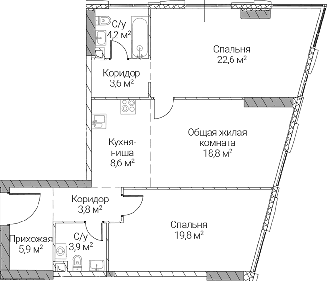 Планировка: Евротрёшка 91,2 м² в ЖК «СЕЗАР СИЛИКА»