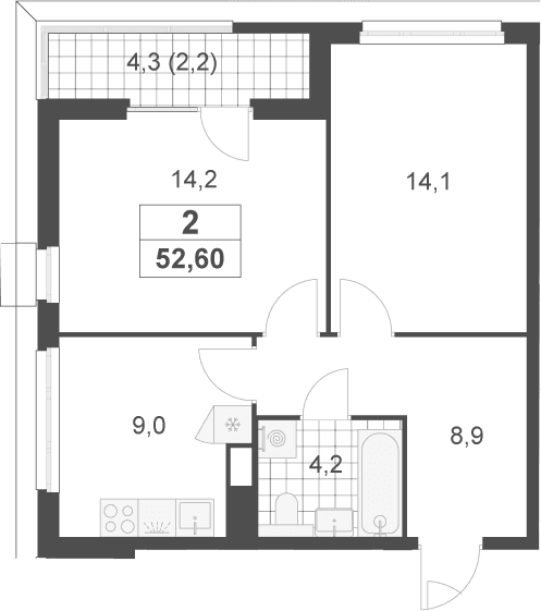 Планировка: 2-комнатная квартира 50,4 м² в ЖК «Скандинавия»