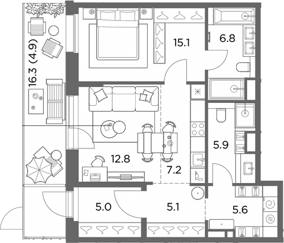 Планировка: Евродвушка 63,5 м² в ЖК «Станиславский»
