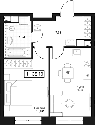 Планировка: 1-комнатная квартира 38,2 м² в ЖК «Пушкино Град»